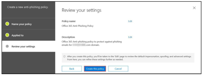 O365 anti-phishing - step 10