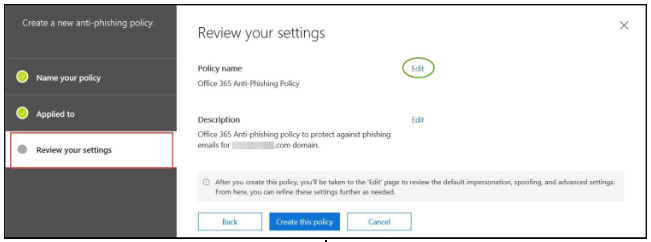 Office 365 anti-phishing - step 9